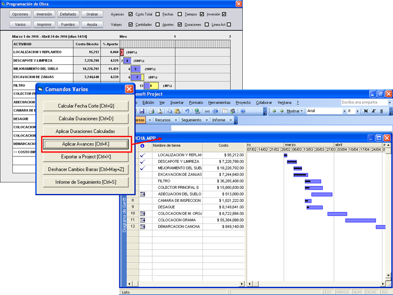 Si requiere la programación de obra en el programa Project de Microsoft, puede exportarla directamente con un solo click